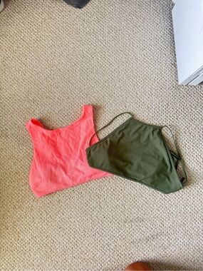 aerie Neon Coral Tank Bikini Top & Olive Green High-Neck Bikini Top Set
